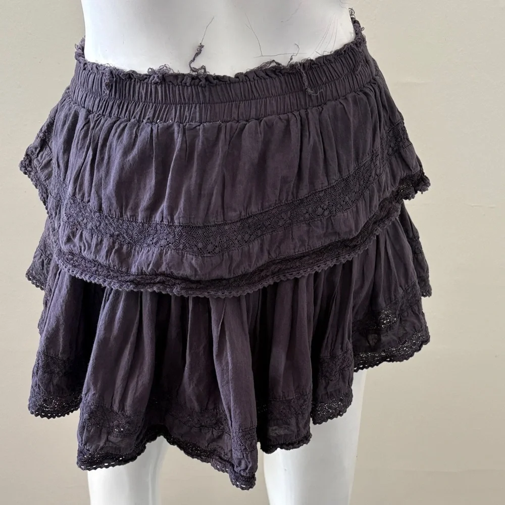 LoveShackFancy Purple Tiered Ruffle Boho Mini Skirt w Lace crochet Details